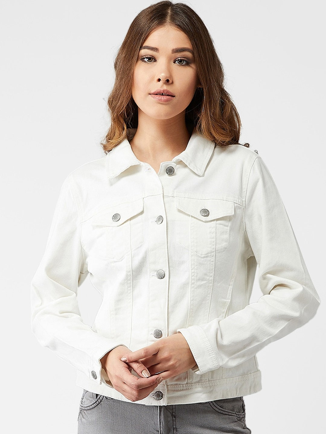 Women White Solid Denim Jacket – Premium Summer Outerwear for Pakistani Style | PARINDA