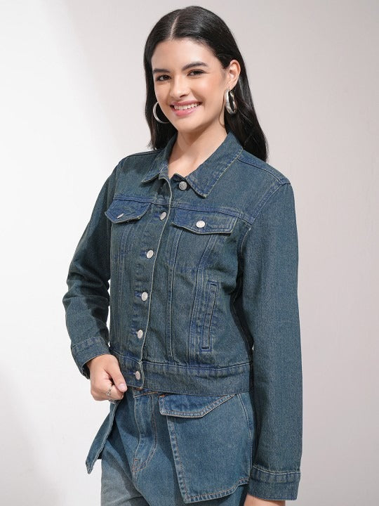 Women Blue Solid Denim Jacket for Daily Wear in Pakistan – Stylish Cotton Outerwear by PARINDA
