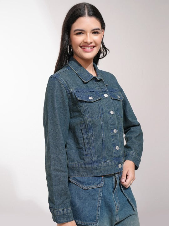 Women Blue Solid Denim Jacket for Daily Wear in Pakistan – Stylish Cotton Outerwear by PARINDA