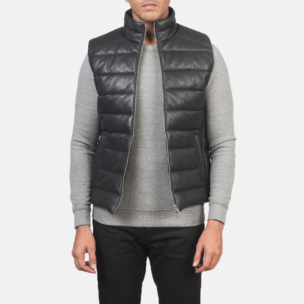 PRINDA Black Genuine Leather Puffer Vest