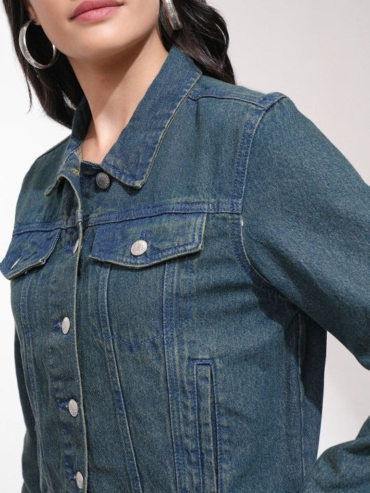 Women Blue Solid Denim Jacket for Daily Wear in Pakistan – Stylish Cotton Outerwear by PARINDA