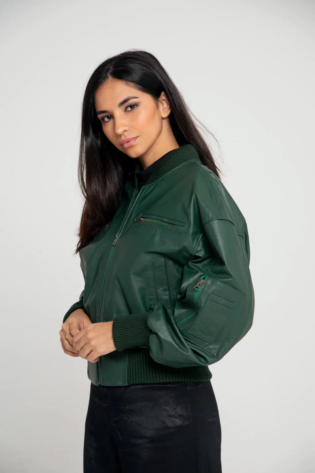 PRINDA Green Women Bomber Leather Jacket