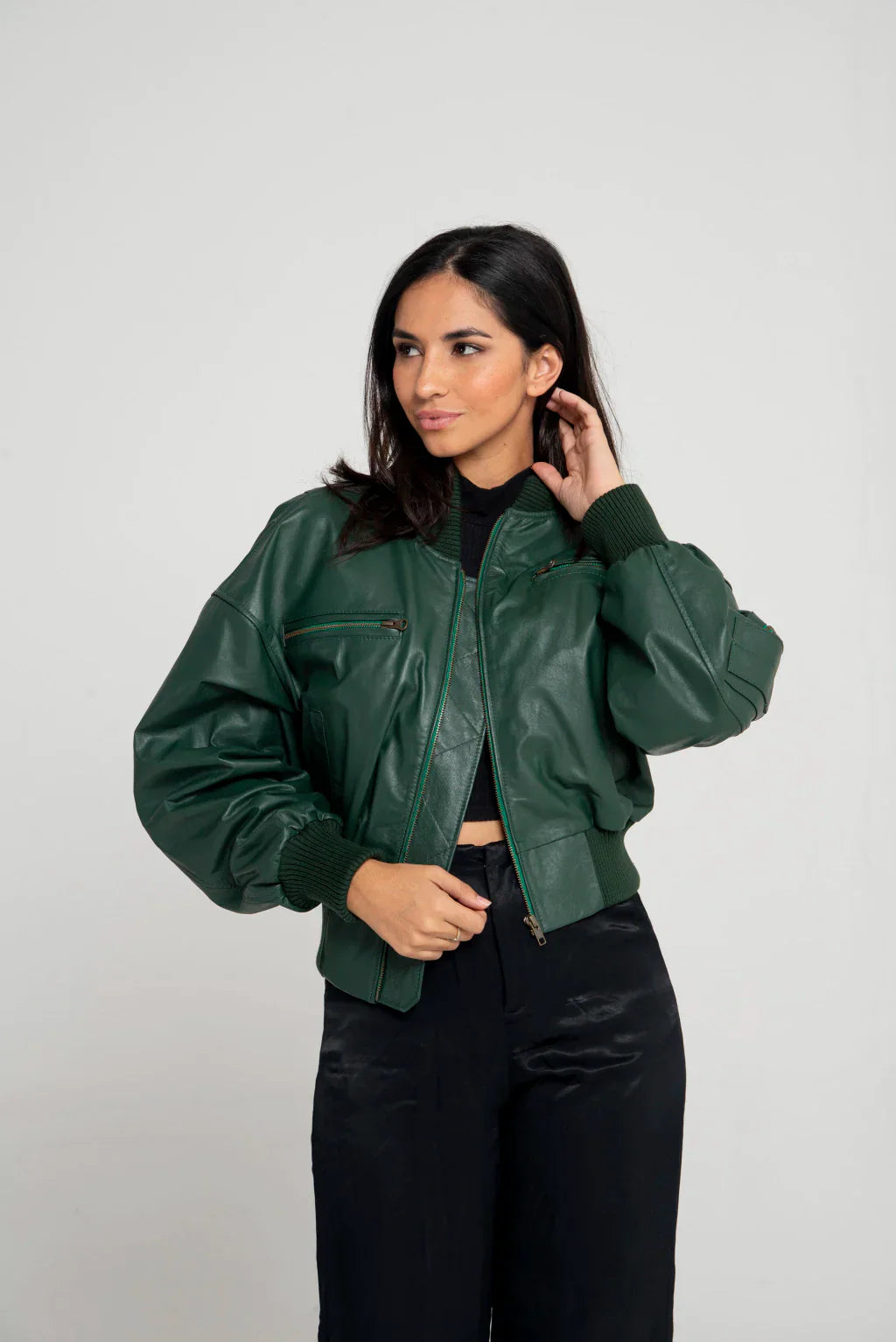 PRINDA Green Women Bomber Leather Jacket