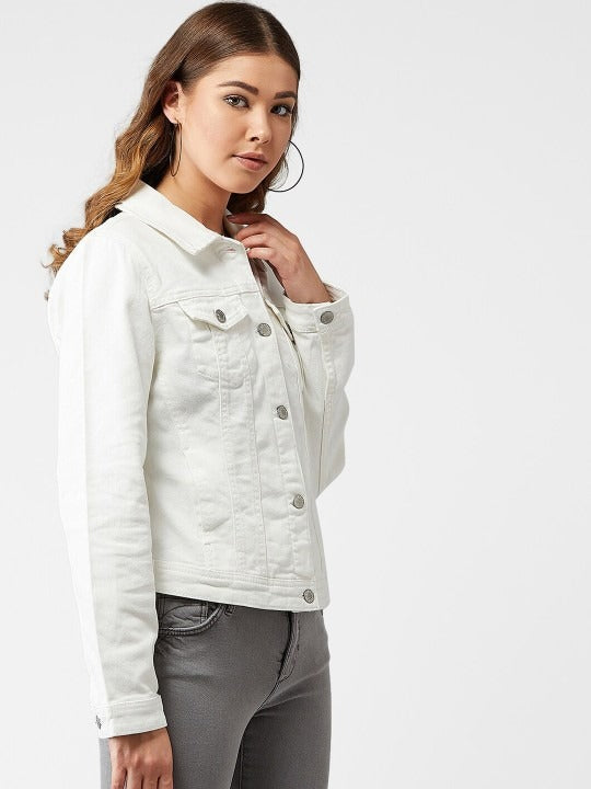Women White Solid Denim Jacket – Premium Summer Outerwear for Pakistani Style | PARINDA
