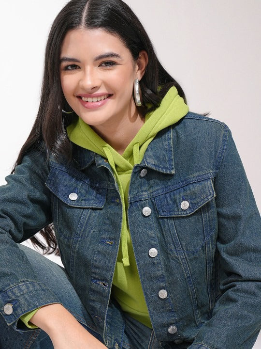 Women Blue Solid Denim Jacket for Daily Wear in Pakistan – Stylish Cotton Outerwear by PARINDA