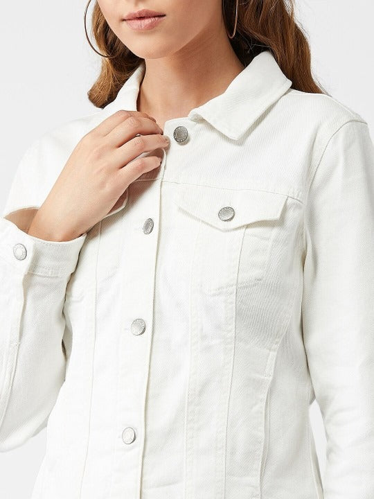 Women White Solid Denim Jacket – Premium Summer Outerwear for Pakistani Style | PARINDA