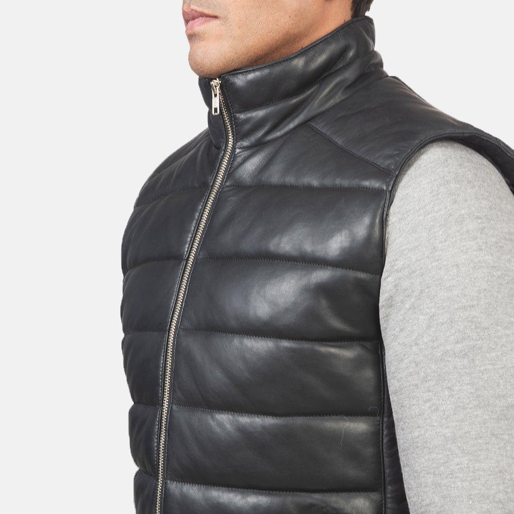 PRINDA Black Genuine Leather Puffer Vest
