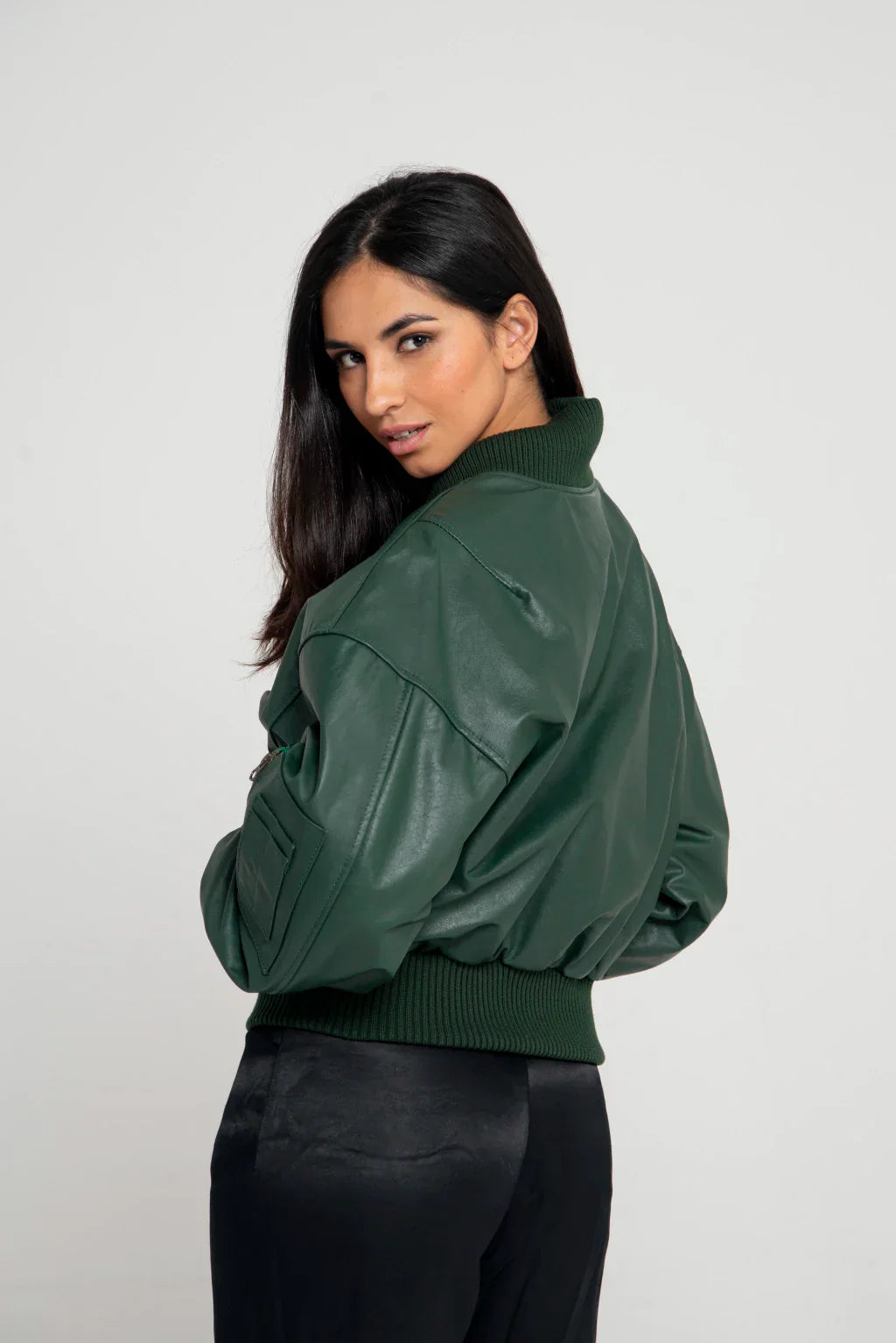 PRINDA Green Women Bomber Leather Jacket