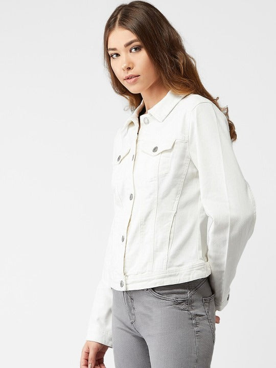 Women White Solid Denim Jacket – Premium Summer Outerwear for Pakistani Style | PARINDA