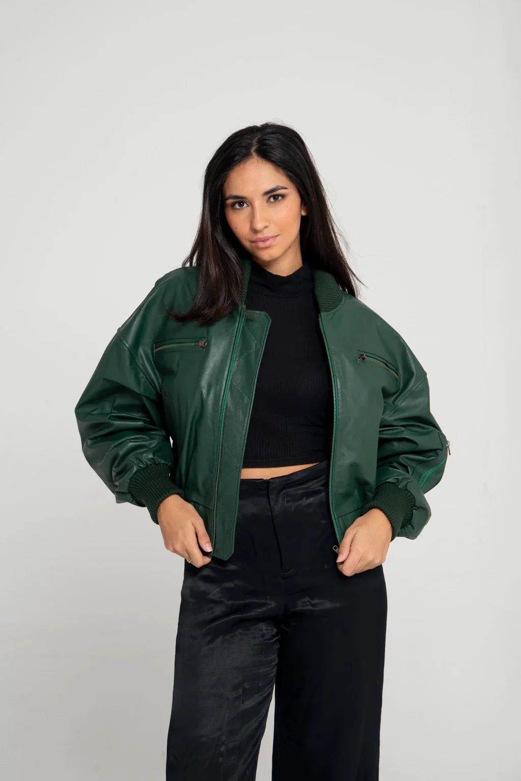 PRINDA Green Women Bomber Leather Jacket