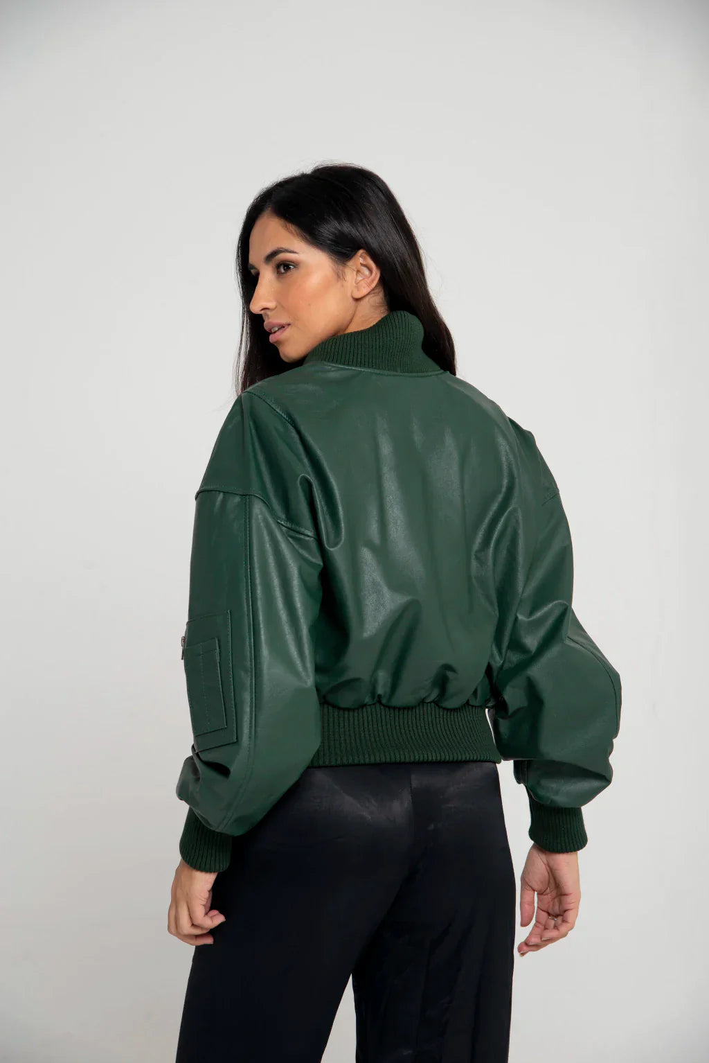 PRINDA Green Women Bomber Leather Jacket