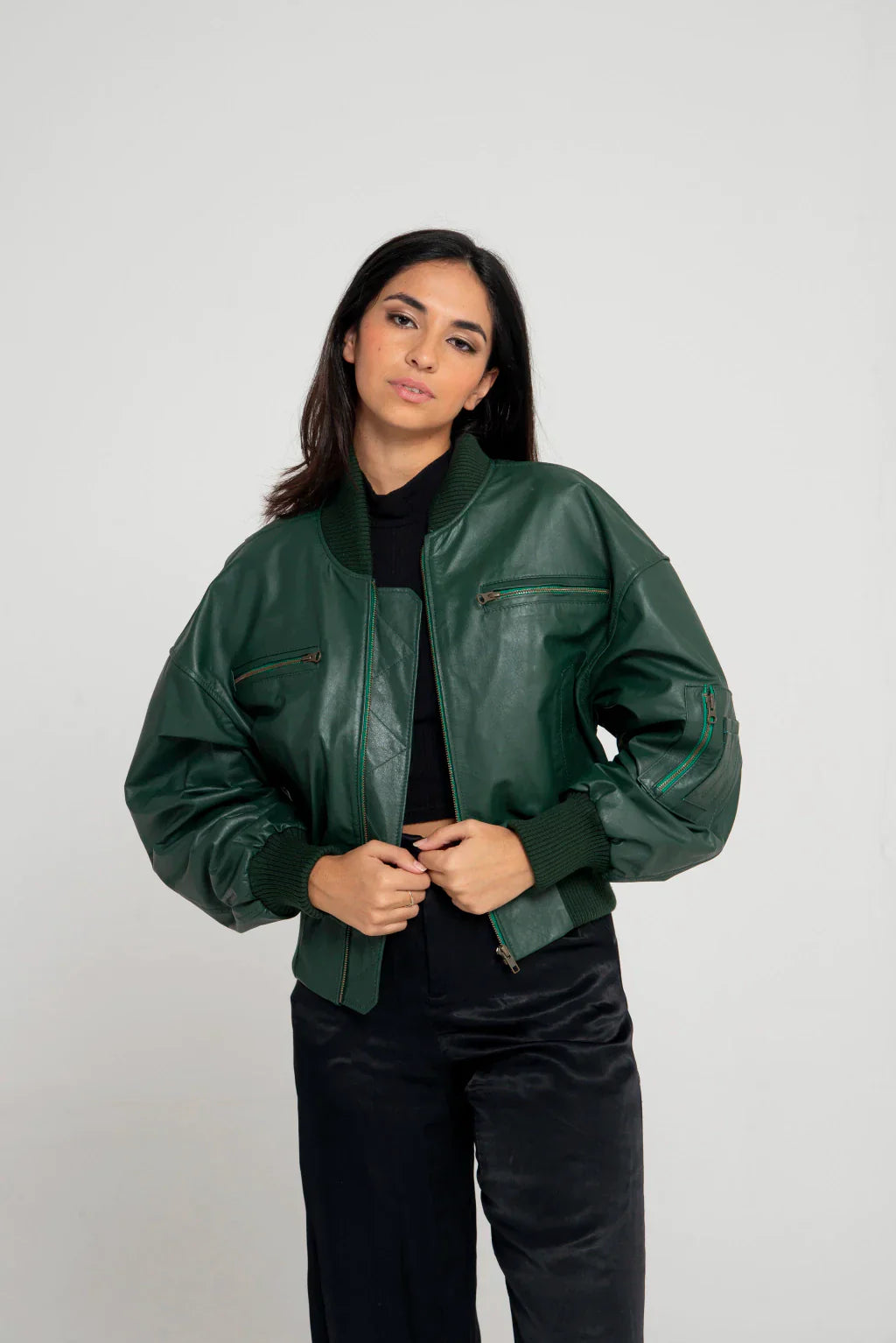 PRINDA Green Women Bomber Leather Jacket