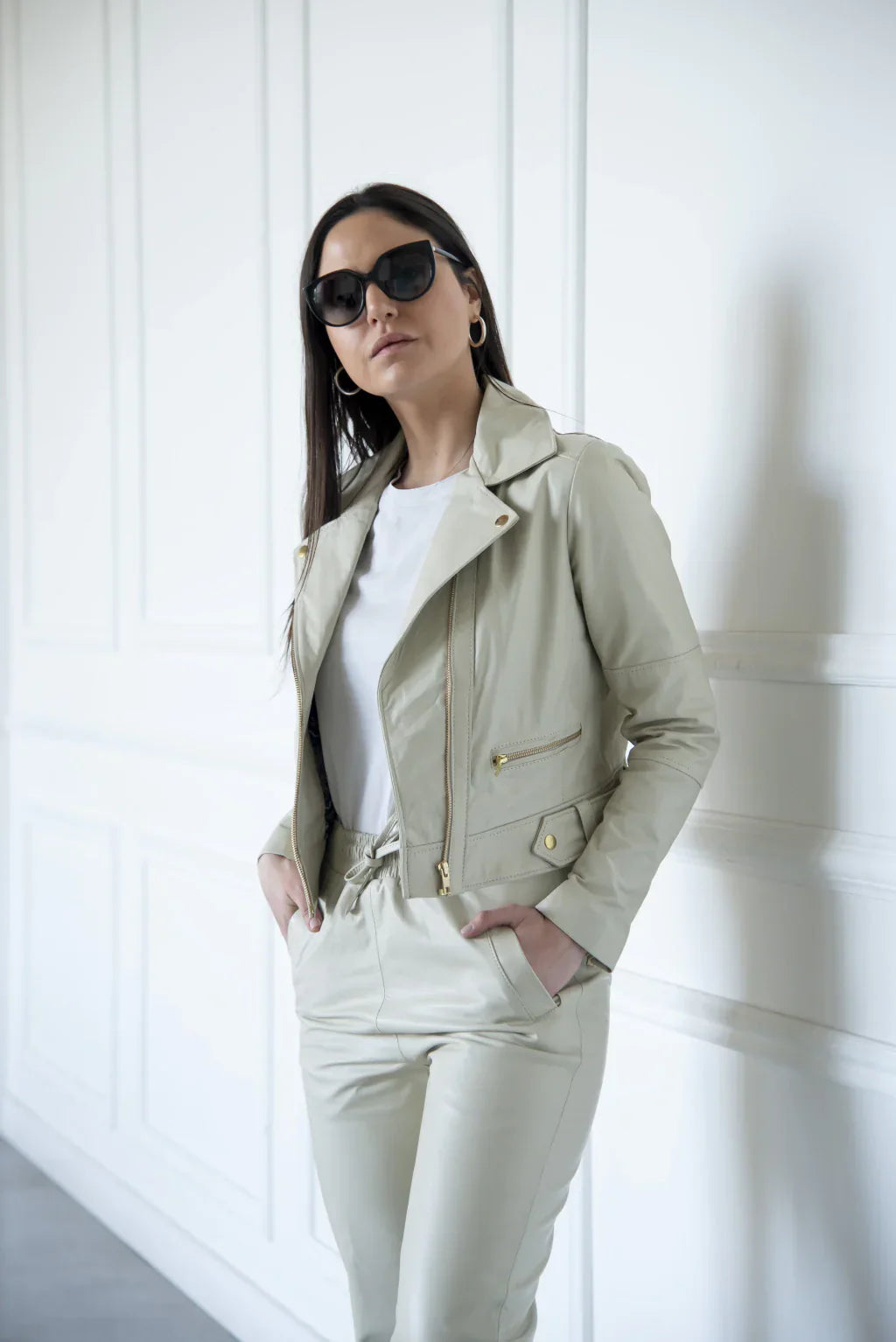 PRINDA Raven Off White Biker Leather Jacket