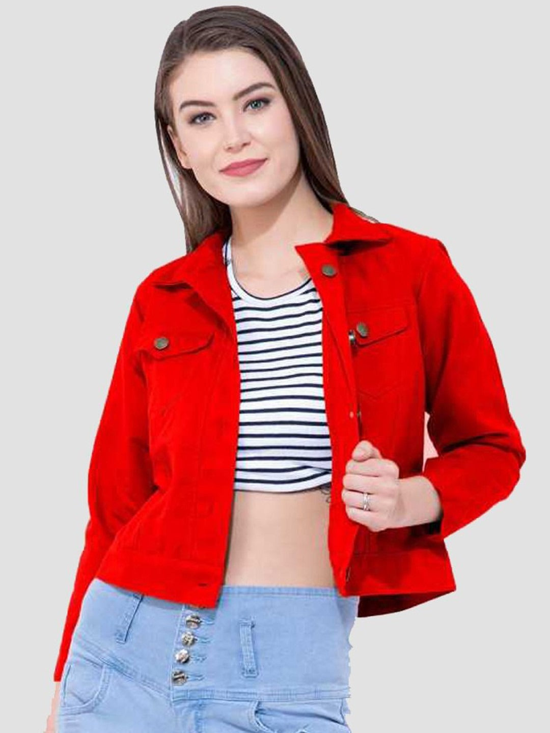 Women Red Cotton Lightweight Crop Denim Jacket – Breathable Summer Streetwear for Pakistan | PARINDA