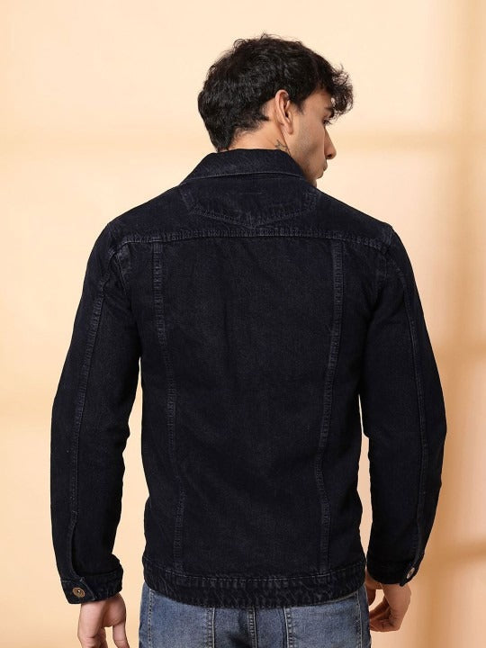 Men’s Spread Collar Solid Denim Jacket – Casual & Classic Street Style by PARINDA Pakistan