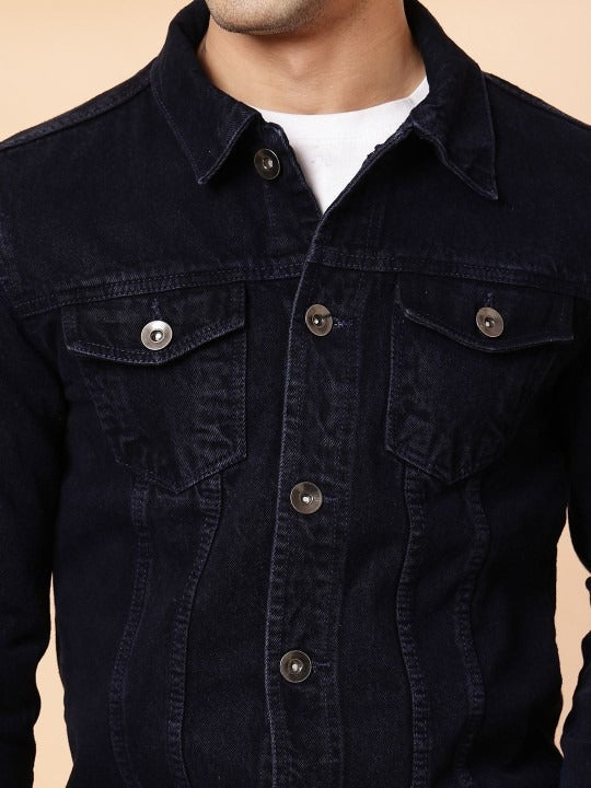 Men’s Spread Collar Solid Denim Jacket – Casual & Classic Street Style by PARINDA Pakistan