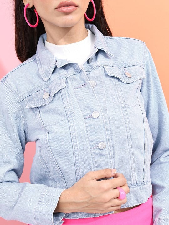 Women Blue Solid Denim Jacket – Classic, Lightweight & Versatile for Pakistan | PARINDA