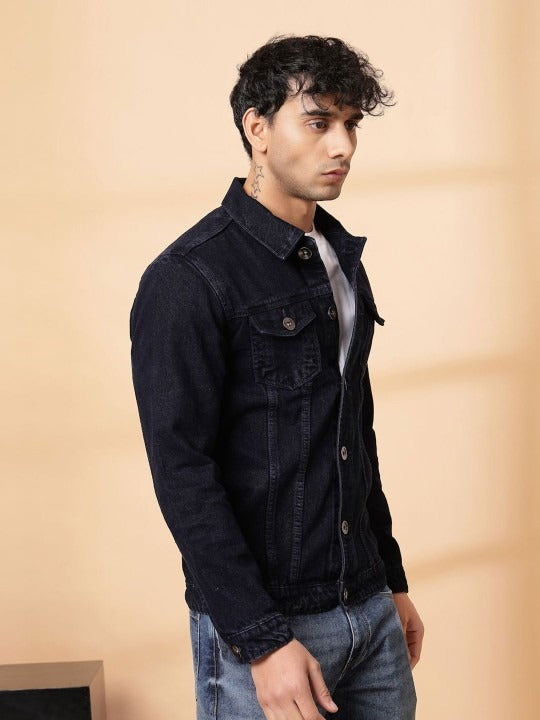 Men’s Spread Collar Solid Denim Jacket – Casual & Classic Street Style by PARINDA Pakistan