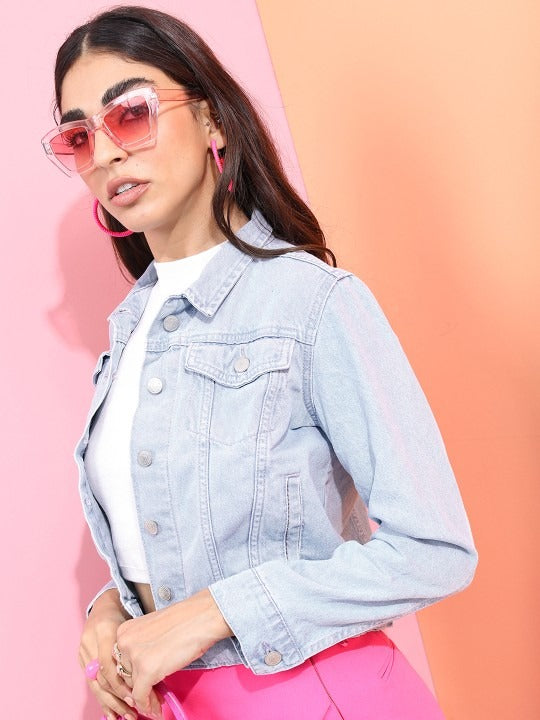 Women Blue Solid Denim Jacket – Classic, Lightweight & Versatile for Pakistan | PARINDA