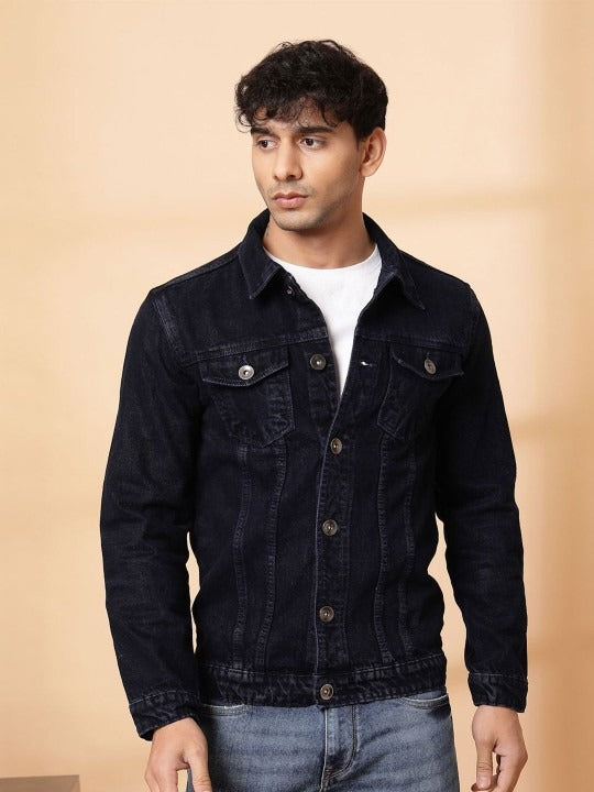 Men’s Spread Collar Solid Denim Jacket – Casual & Classic Street Style by PARINDA Pakistan