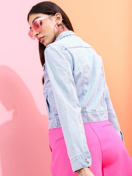 Women Blue Solid Denim Jacket – Classic, Lightweight & Versatile for Pakistan | PARINDA