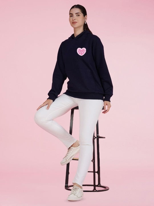 Graphic Printed Hooded Oversized Navy Blue Hoodie for Women | PRINDA