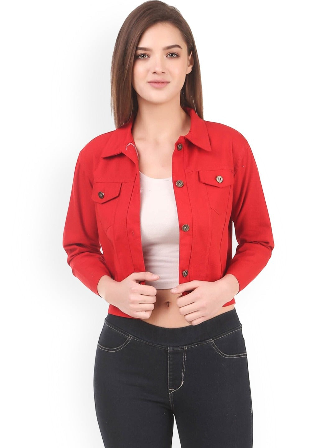 Women Red Spread Collar Solid Casual Denim Jacket – Classic Street Style by PARINDA Pakistan