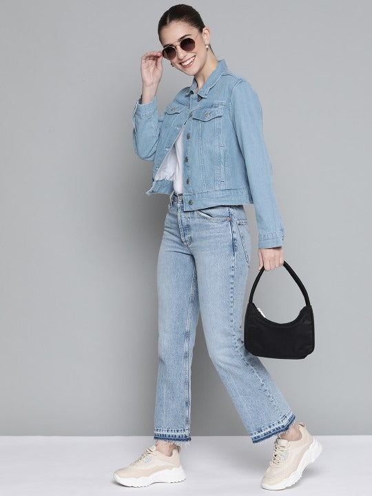 Women Blue Solid Pure Cotton Denim Jacket – Breathable, Durable & Timeless for Pakistan | PARINDA