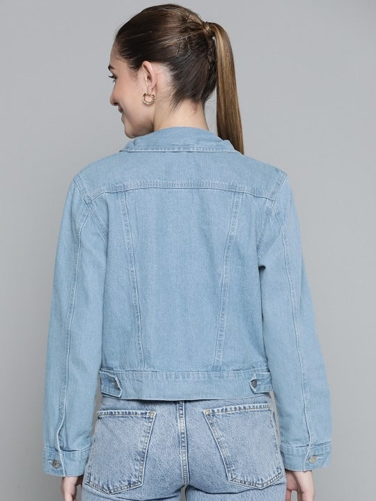 Women Blue Solid Pure Cotton Denim Jacket – Breathable, Durable & Timeless for Pakistan | PARINDA