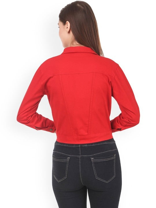 Women Red Spread Collar Solid Casual Denim Jacket – Classic Street Style by PARINDA Pakistan