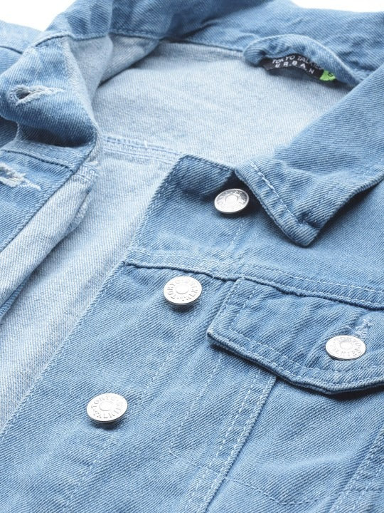 Women Blue Solid Pure Cotton Denim Jacket – Breathable, Durable & Timeless for Pakistan | PARINDA