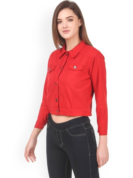 Women Red Spread Collar Solid Casual Denim Jacket – Classic Street Style by PARINDA Pakistan