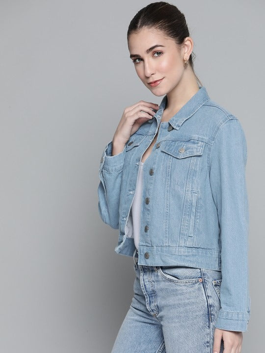 Women Blue Solid Pure Cotton Denim Jacket – Breathable, Durable & Timeless for Pakistan | PARINDA