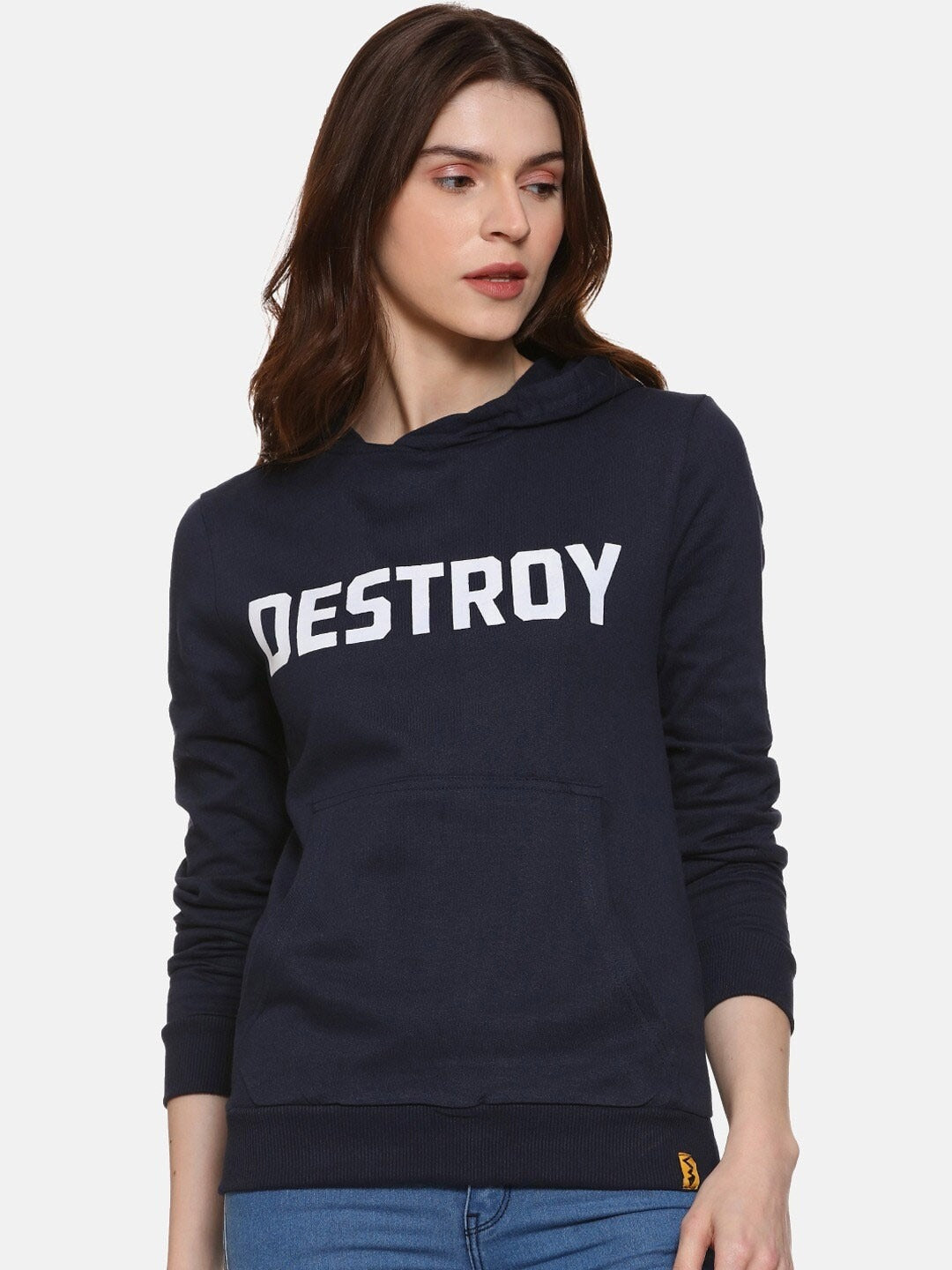 Navy Blue Typography Printed Hooded Cotton Pullover Hoodie for Women – Stylish Winter Wear in Pakistan | PRINDA