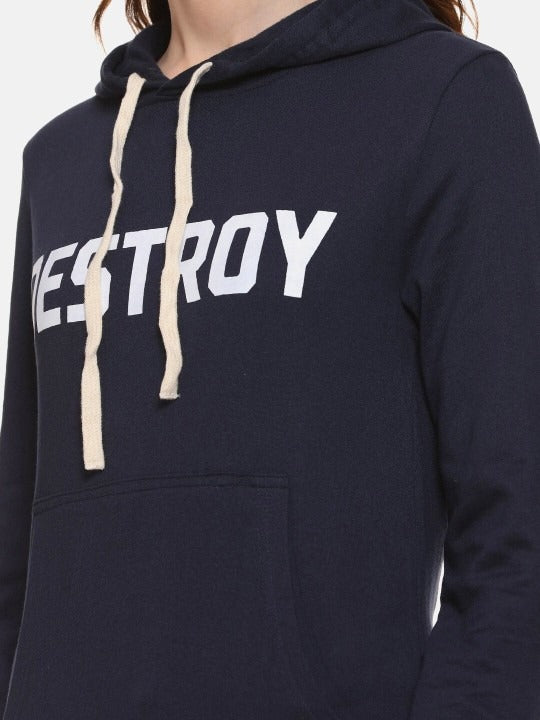 Navy Blue Typography Printed Hooded Cotton Pullover Hoodie for Women – Stylish Winter Wear in Pakistan | PRINDA