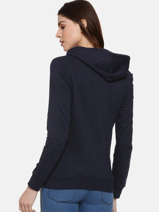 Navy Blue Typography Printed Hooded Cotton Pullover Hoodie for Women – Stylish Winter Wear in Pakistan | PRINDA