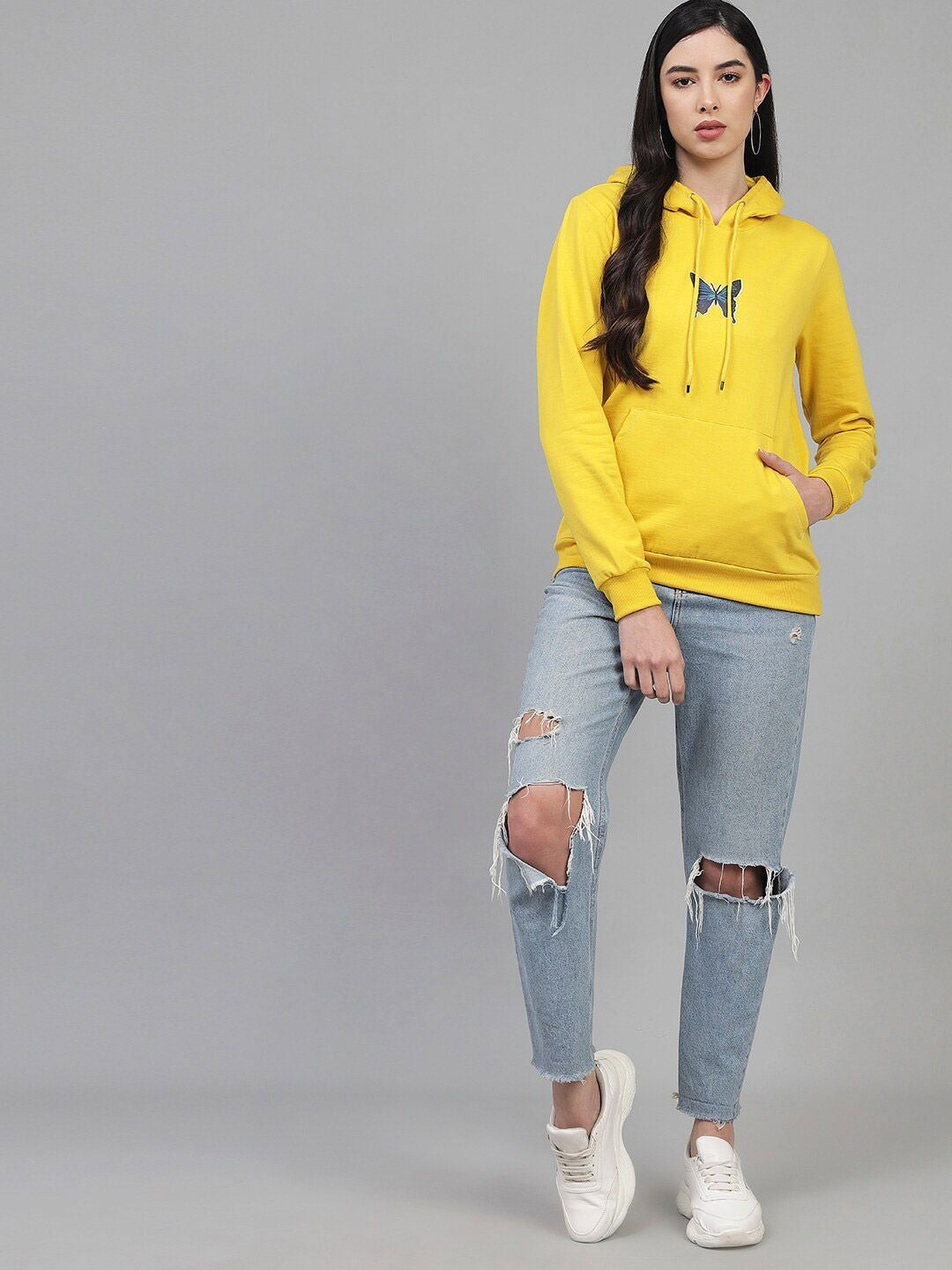 Women Yellow Hooded Hoodie – Casual Cotton Pullover for Pakistan | PRINDA