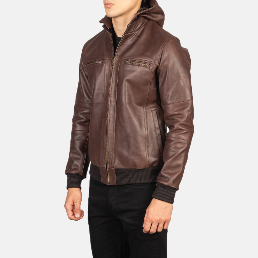 PRINDA Classic Brown Hood Leather Bomber Jacket