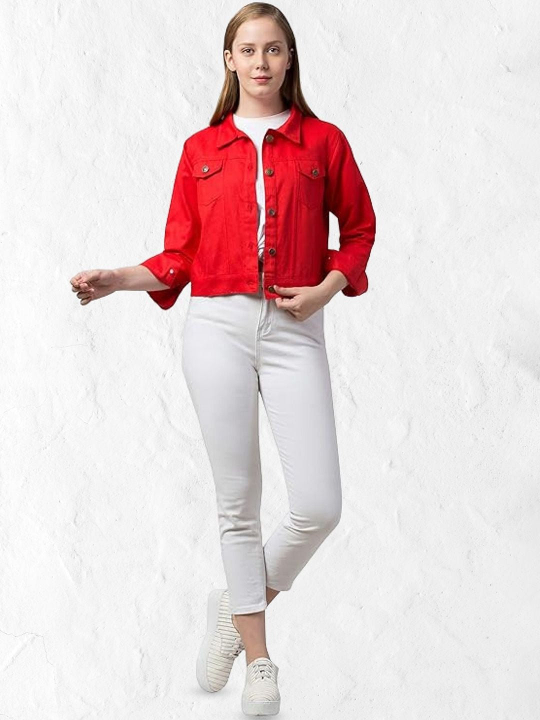 Women Red Spread Collar Cotton Denim Jacket – Casual Everyday Outerwear by PARINDA Pakistan