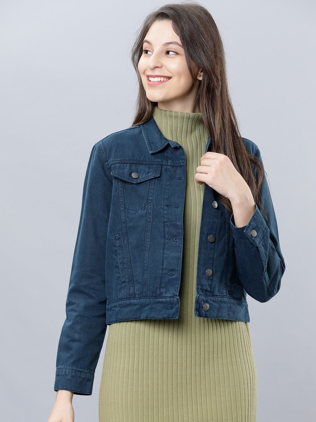 Women Blue Solid Denim Jacket – Timeless, Breathable & Versatile for Pakistan | PARINDA