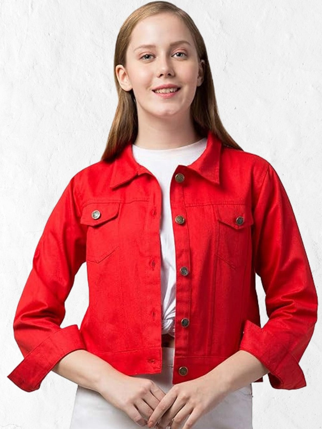 Women Red Spread Collar Cotton Denim Jacket – Casual Everyday Outerwear by PARINDA Pakistan