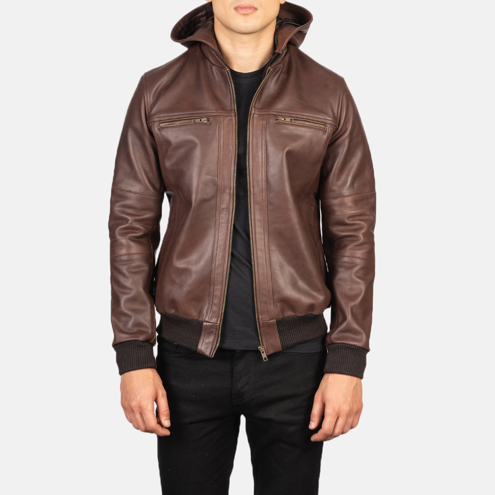PRINDA Classic Brown Hood Leather Bomber Jacket
