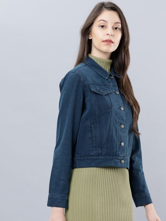 Women Blue Solid Denim Jacket – Timeless, Breathable & Versatile for Pakistan | PARINDA