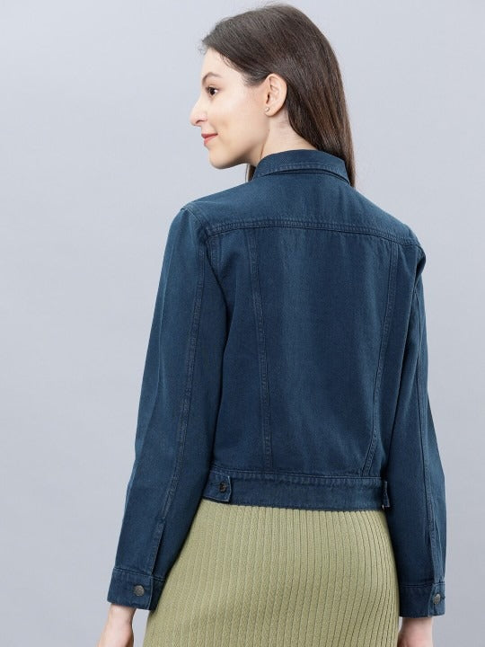 Women Blue Solid Denim Jacket – Timeless, Breathable & Versatile for Pakistan | PARINDA