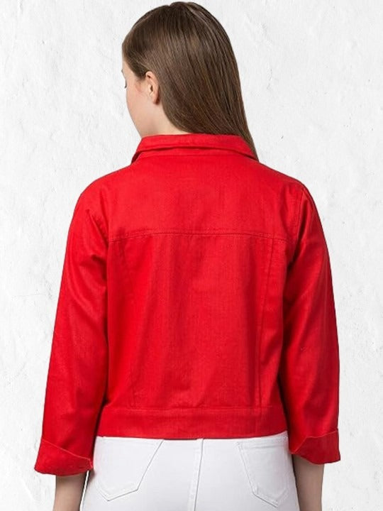 Women Red Spread Collar Cotton Denim Jacket – Casual Everyday Outerwear by PARINDA Pakistan