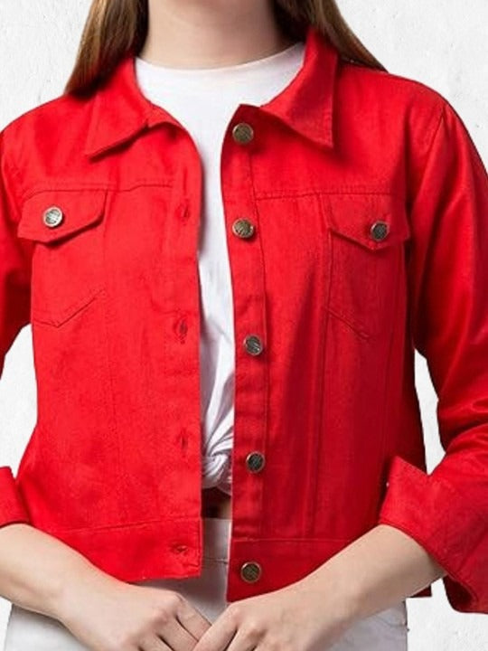 Women Red Spread Collar Cotton Denim Jacket – Casual Everyday Outerwear by PARINDA Pakistan