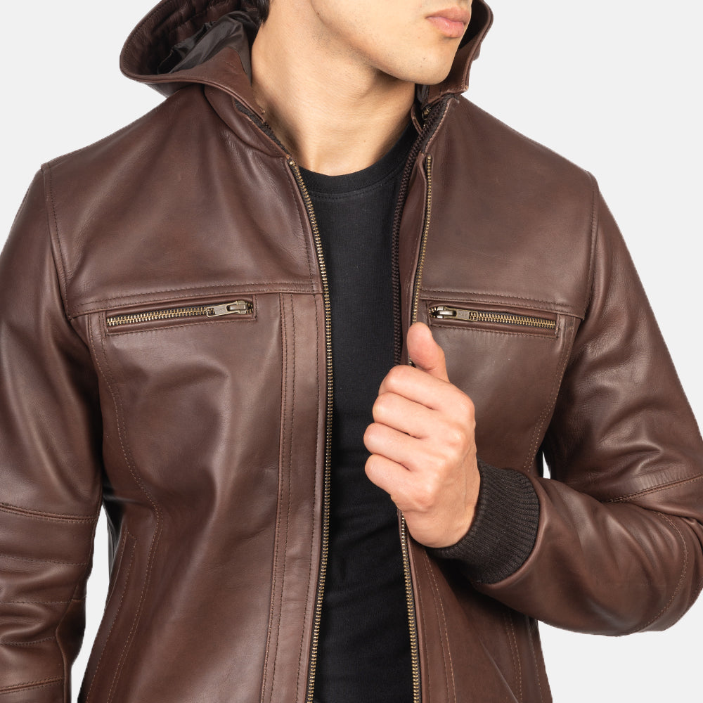 PRINDA Classic Brown Hood Leather Bomber Jacket