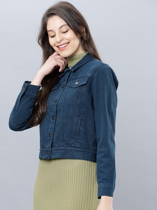 Women Blue Solid Denim Jacket – Timeless, Breathable & Versatile for Pakistan | PARINDA