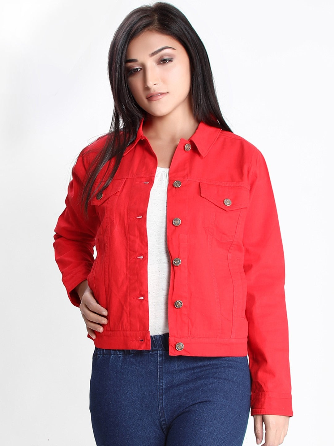 Women Red Lightweight Denim Jacket – Breathable, Stylish Outerwear by PARINDA Pakistan