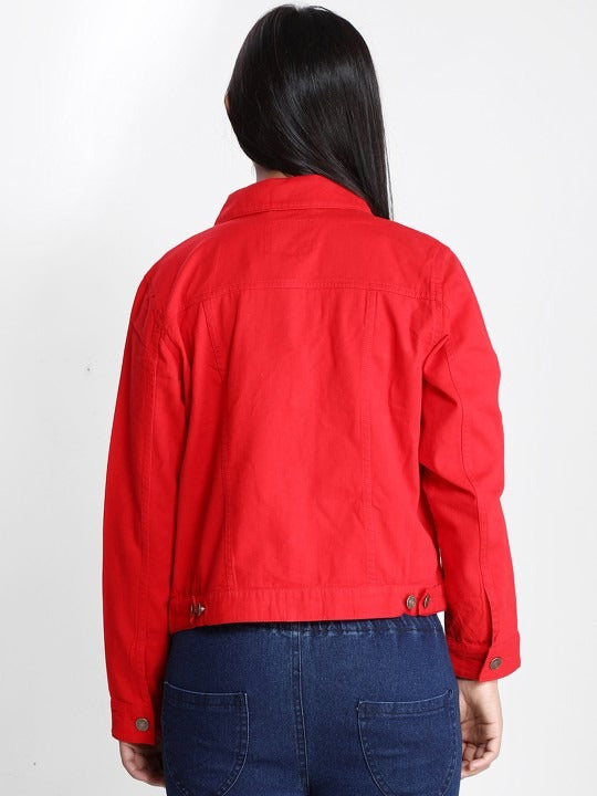 Women Red Lightweight Denim Jacket – Breathable, Stylish Outerwear by PARINDA Pakistan